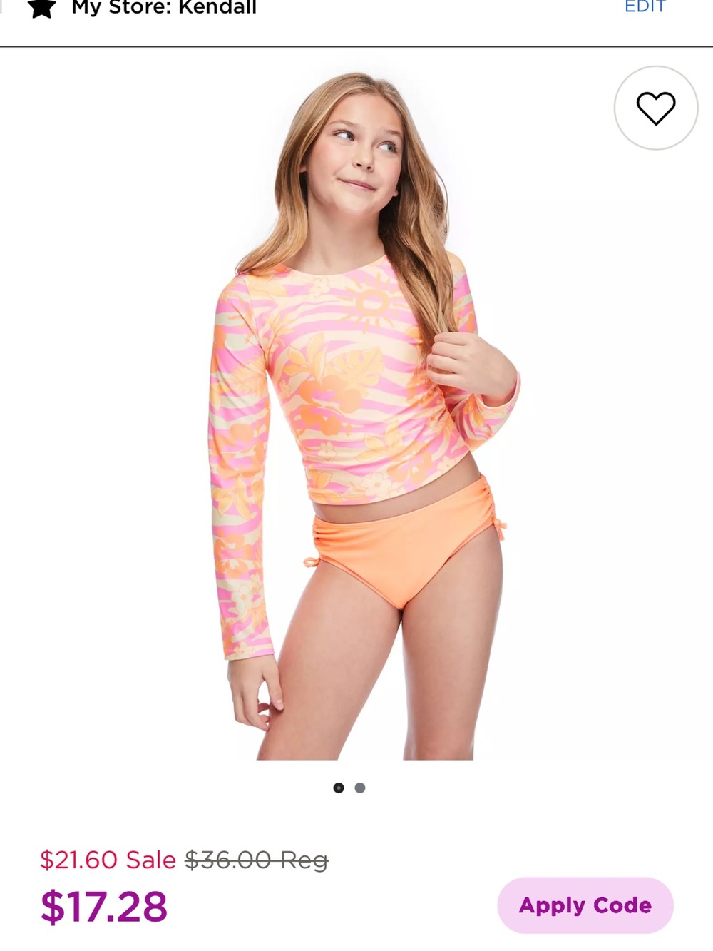 NWT Girls' Neon Peach Floral Long-Sleeve Rash Guard Set